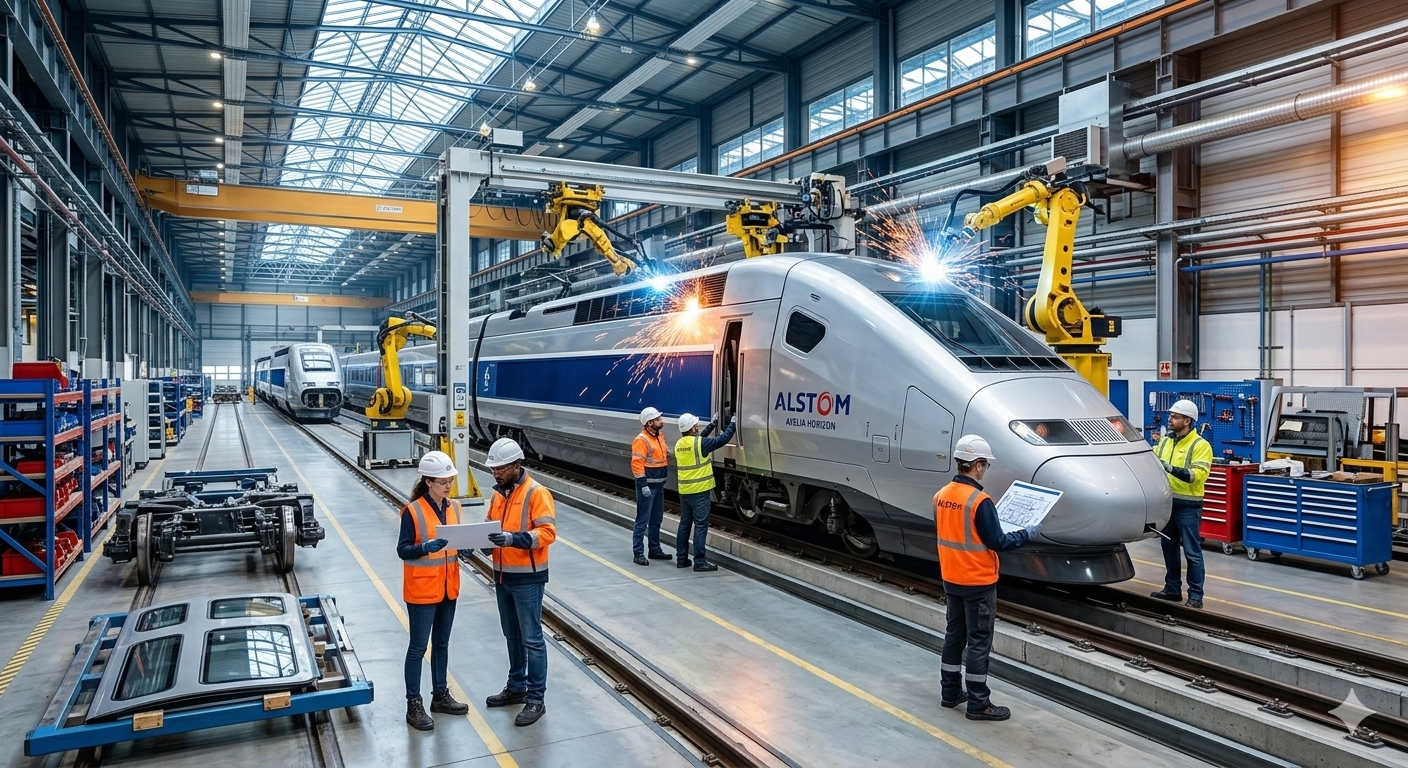 A modern high-speed passenger train being assembled inside a large well-lit industrial manufacturing facility with workers in safety gear inspecting the sleek silver and blue train body and robotic arms visible with dramatic industrial lighting casting warm highlights on metallic surfaces
